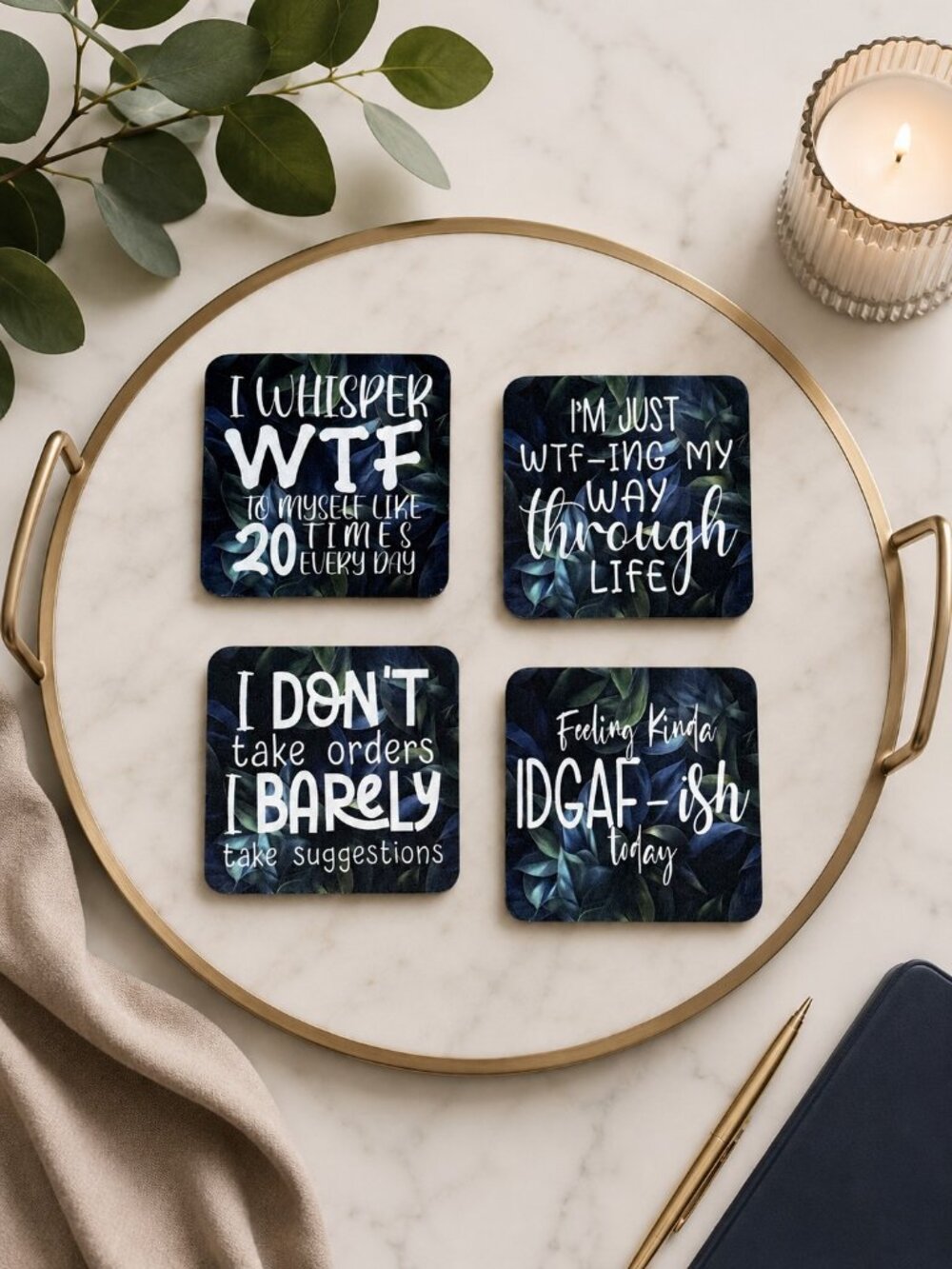 NWT Sarcastic & Sassy Coaster Set of 4 Funny Neoprene Drink Coasters